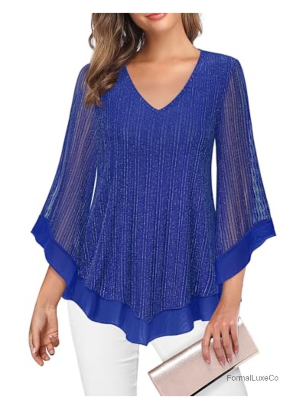 Womens Double Layers Mesh Ruffle 3/4 Flared Sleeve V-Neck Tunic Blouse